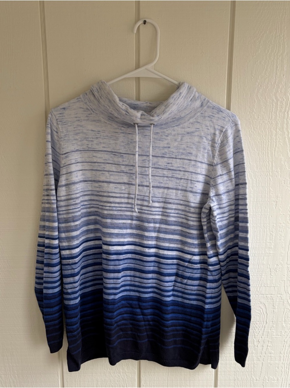 Talbots White and Blue Ombre Striped Cowl Neck Sweater